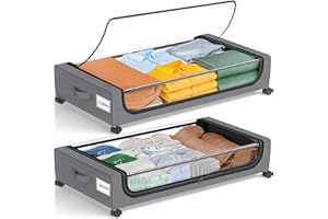 GoMaihe Under Bed Storage with Wheels: XXL Underbed Storage Containers with Lids - Rolling Bins for Shoes Clothes in Dorm Bedroom - Metal Drawers Easy Pull-out Grey 2-Pack