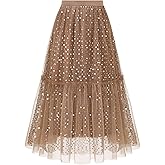 Timormode Sequin Tulle Skirts for Women Sparkly Midi Flowy A-Line Party Skirt Layered Skirts