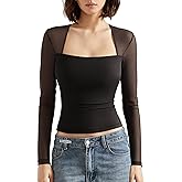 SUUKSESS Women Sexy Mesh Long Sleeve Tops Trendy Square Neck Going Out T Shirts
