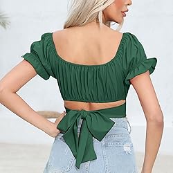 COOUFE Women's Crop Tops Ruffle Short Sleeve Tie