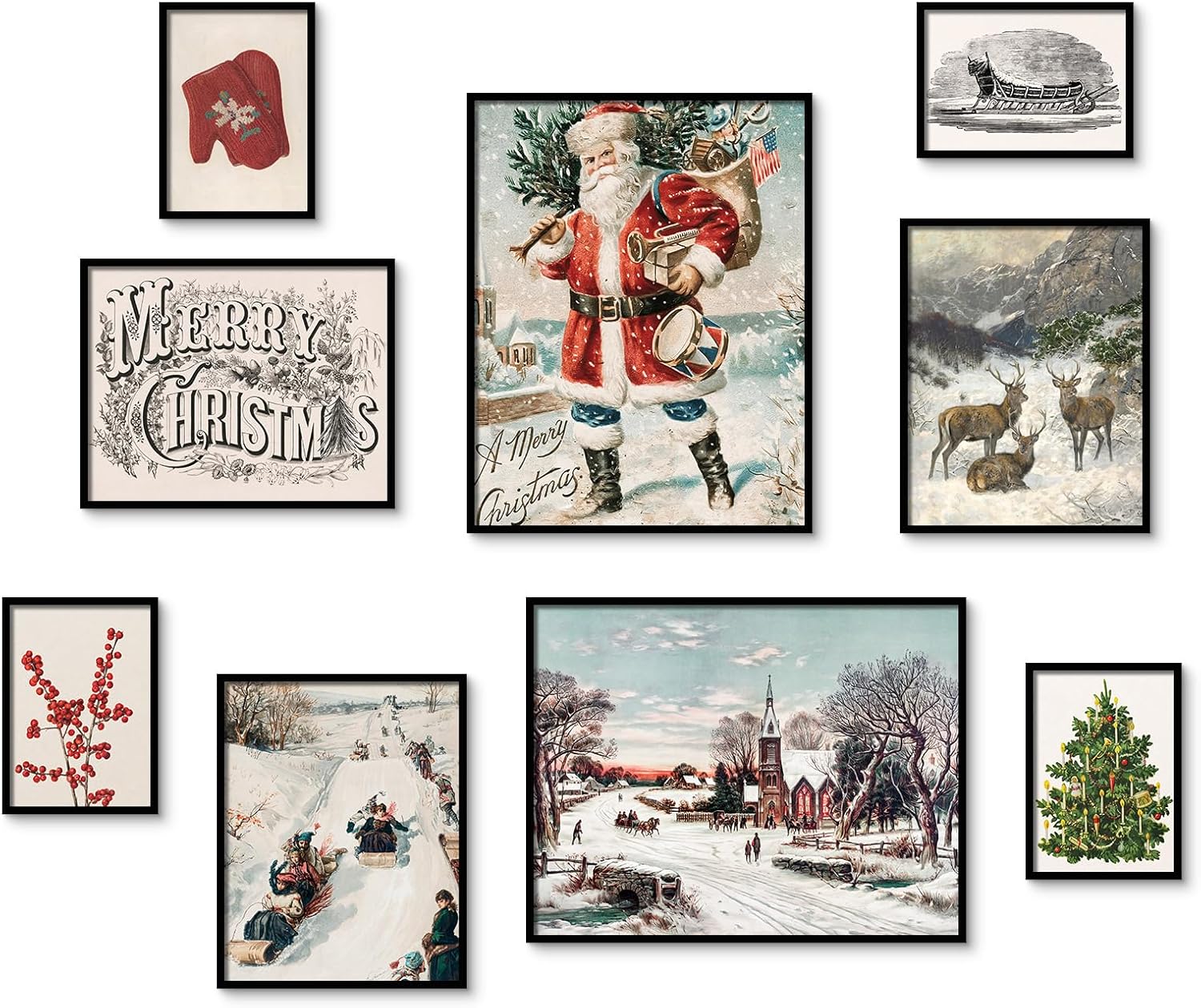 Wall Décor - ARPEOTCY Vintage Christmas Posters Decor, Santa,Elk,Winter Landscape Wall Pictures Prints, 9 Pcs,Include 11x14 Inch, Maximalist Winter Room Art Decor, Holiday Decoration Gifts for Bedroom, Unframed