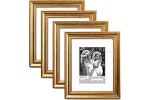 Yaetm 8x10 Picture Frame Matted to 5x7 Set of 4, 1.4” Wide Molding & Rustic Gold Photo Frames 8 x 10 with Tempered Glass, Display on Tabletop & Wall Mounting (4 pack, Gold)