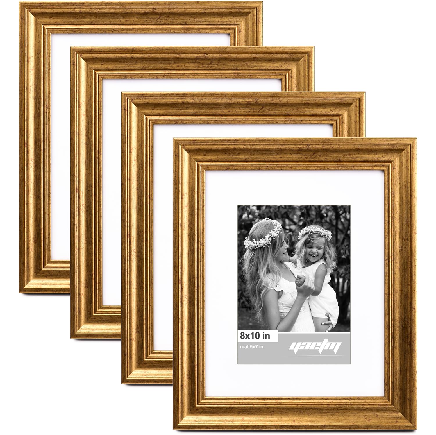 Photo 1 of Yaetm 8x10 Picture Frame Matted to 5x7 Set of 4, 1.4” Wide Molding & Rustic Gold Photo Frames 8 x 10 with Tempered Glass, Display on Tabletop & Wall Mounting (4 pack, Gold)