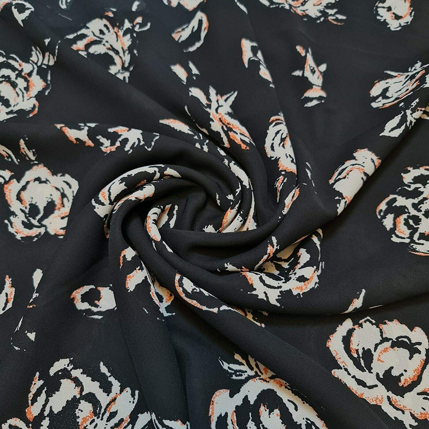 Floral Roses Print Peach Crepe Dress Craft Fabric 58" (Black Base)