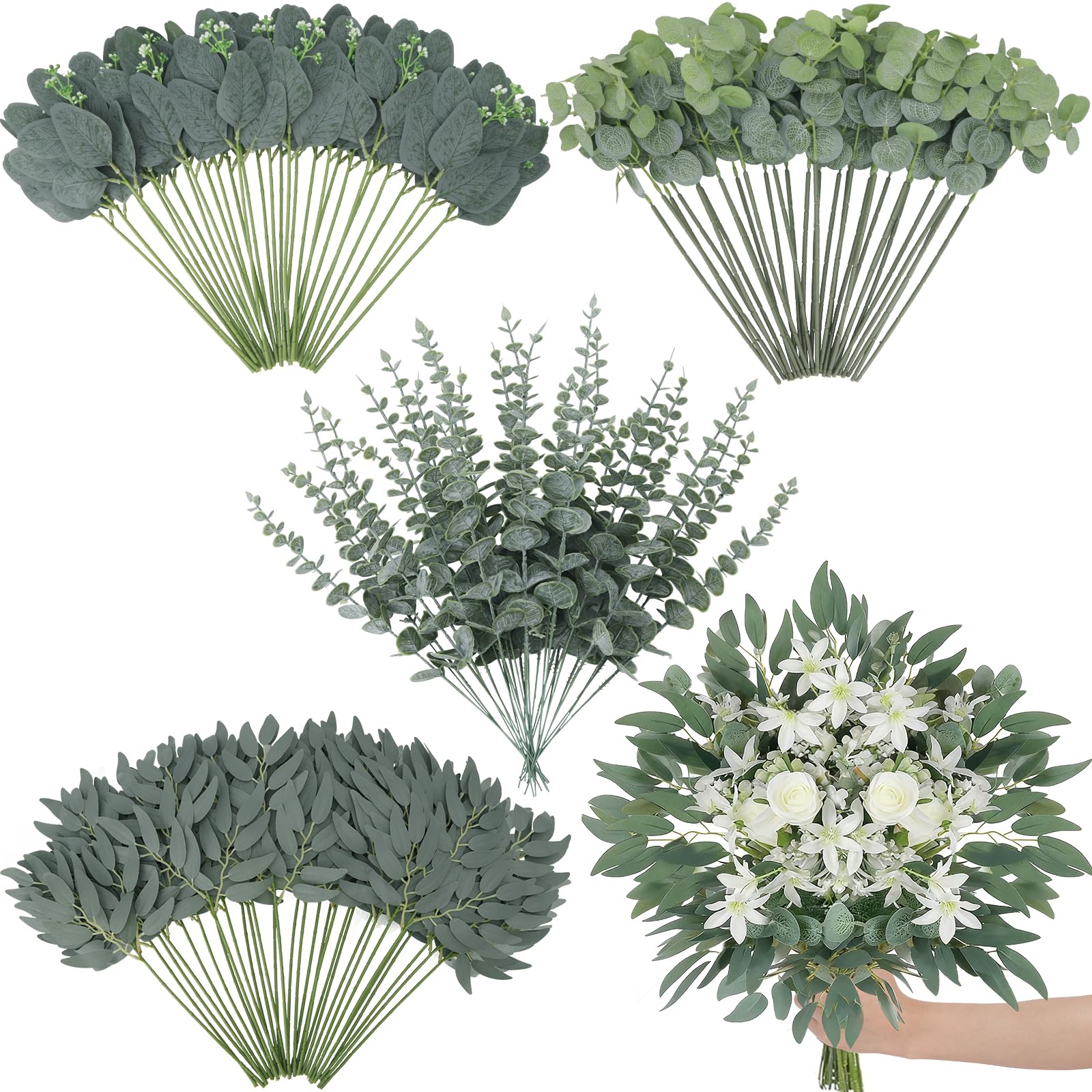 Photo 1 of 120 Pcs Artificial Eucalyptus Stems, 4 Kinds Mixed Faux Greenery Stems Fake Silver Dollar Eucalyptus Leaves Bundle for DIY Bouquets Centerpiece Spring Floral Arrangement Wreath Home Wedding Decor