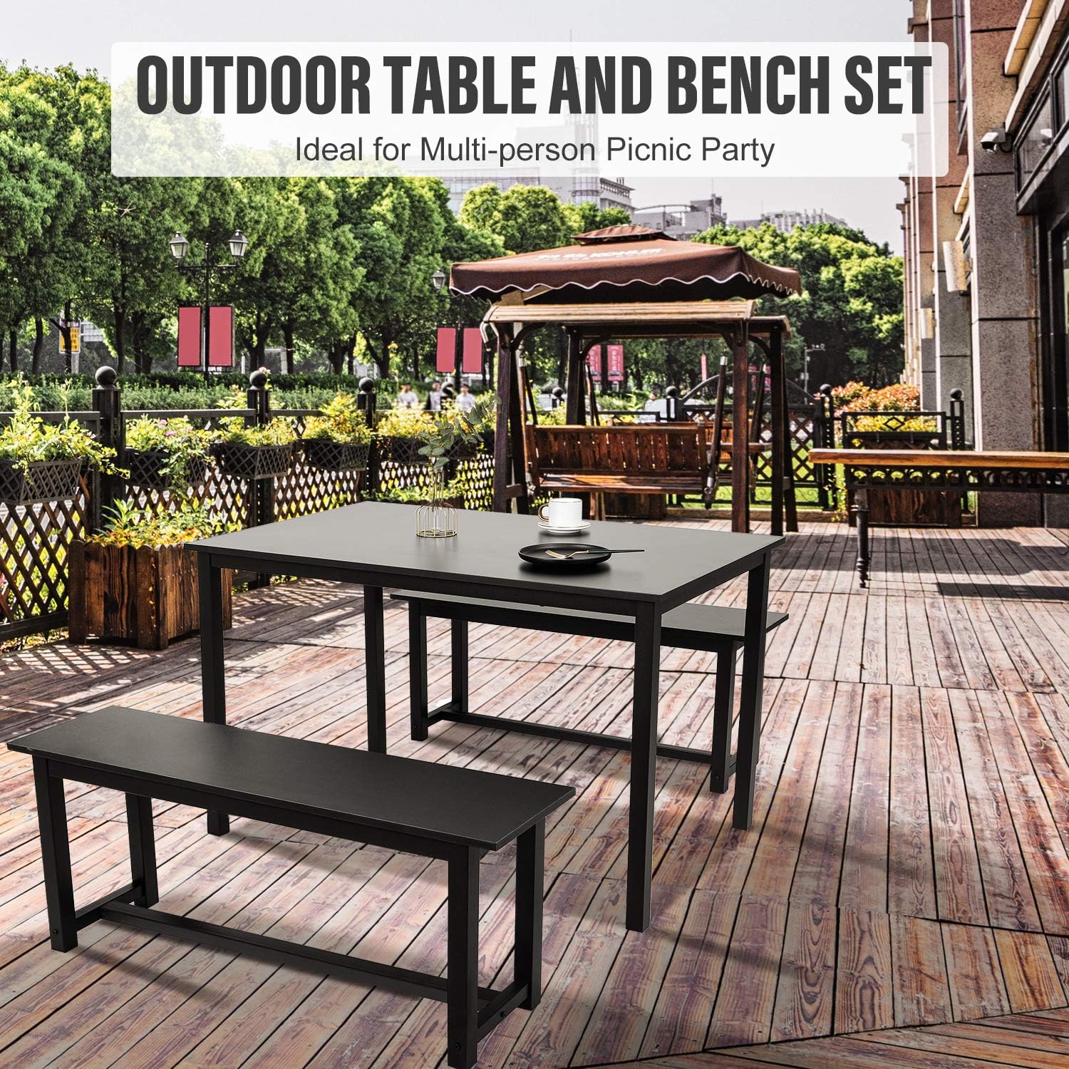 BAHOM 3 Pieces Kitchen Dining Table with Bench Set for 2 Solid Wooden Tabletop and Steel Support Structure for Home, Kitchen, Dining Room (Black, 3pc) - Table & Chair Sets