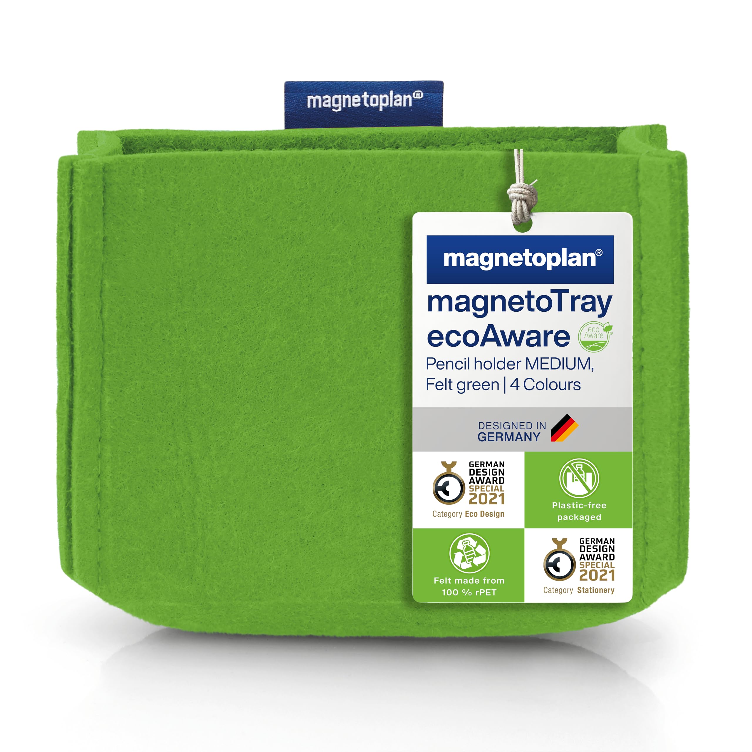 magnetoplan magnetoTray ecoAware, Green Magnetic Desk Organiser Made of 100% PET Felt, W x H x D 130 x 100 x 60 mm, Pen Holder for Office Supplies, Green Pen Box, Recycled PET Bottles