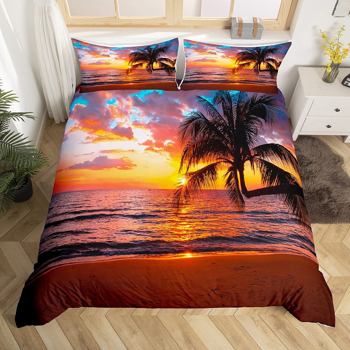 Loussiesd Ocean Beach Duvet Cover For Kids Adults Girls Chic Sea Sunset Scenery Comforter Cover Tropical Palm Tree Bedding Set Hawaiian Holiday Bedspread Cover Room Decor King Bedclothes