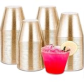 Tobvory 100 Pack Gold Plastic Cups - 9 oz Hard Gold Cups, Premium Disposable Cups For Cocktail And Drinking - Food Grade Party Cups Set - Sturdy Plastic Tumbler Cups For Parties - Gold Glitter