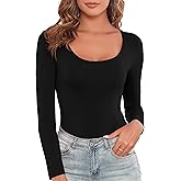 DSPSAM Women's Lightweight Casual Body Suits Long Sleeve Scoop Neck Slim Fitted Basic Bodysuit Shirt