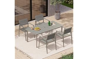 Oasbira Aluminum Patio Dining Sets 5-Piece Outdoor Dining Sets with Umbrella Hole Wood-like Table and Chairs, Outdoor Furniture Sets all Weather for Garden, Backyard, Lawn, and Poolside, Silver & Gray