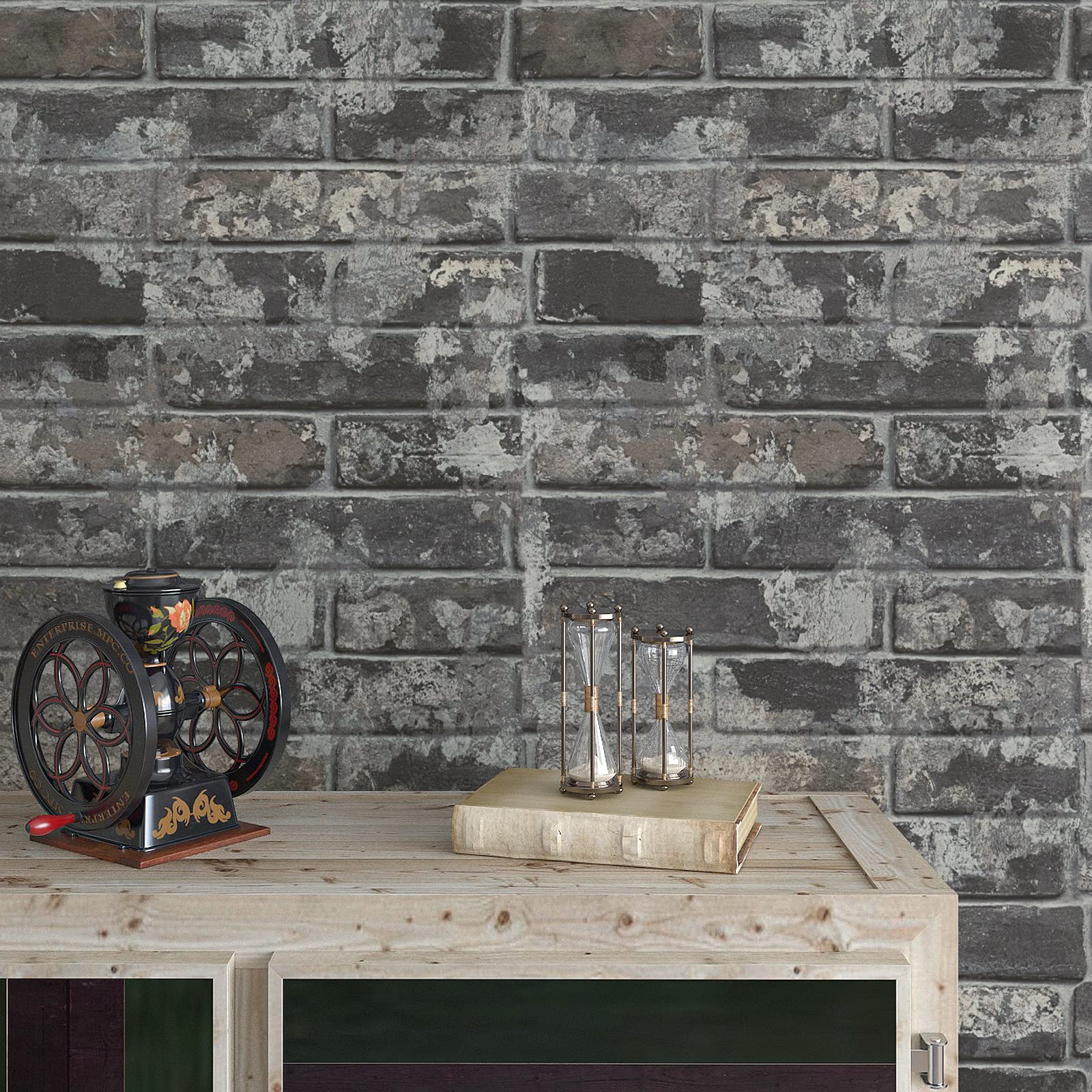 VaryPaper Peel and Stick Grey Brick Wallpaper 40cmx200cm Vintage Brick Effect Contact Paper for Kitchen Countertops Sticky Back Plastic Grey Wallpaper for Living Room Bathroom Lining Paper for Wall