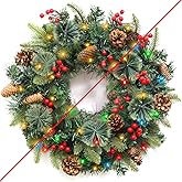 Christmas Wreaths for Front Door, Prelit Christmas Wreath Outdoor with 30 Warm White & Colorful Lights 8 Modes Timer Pinecones Berried Norfolk Pine Wreath 20 Inch Xmas Decorations for Door Wall Window