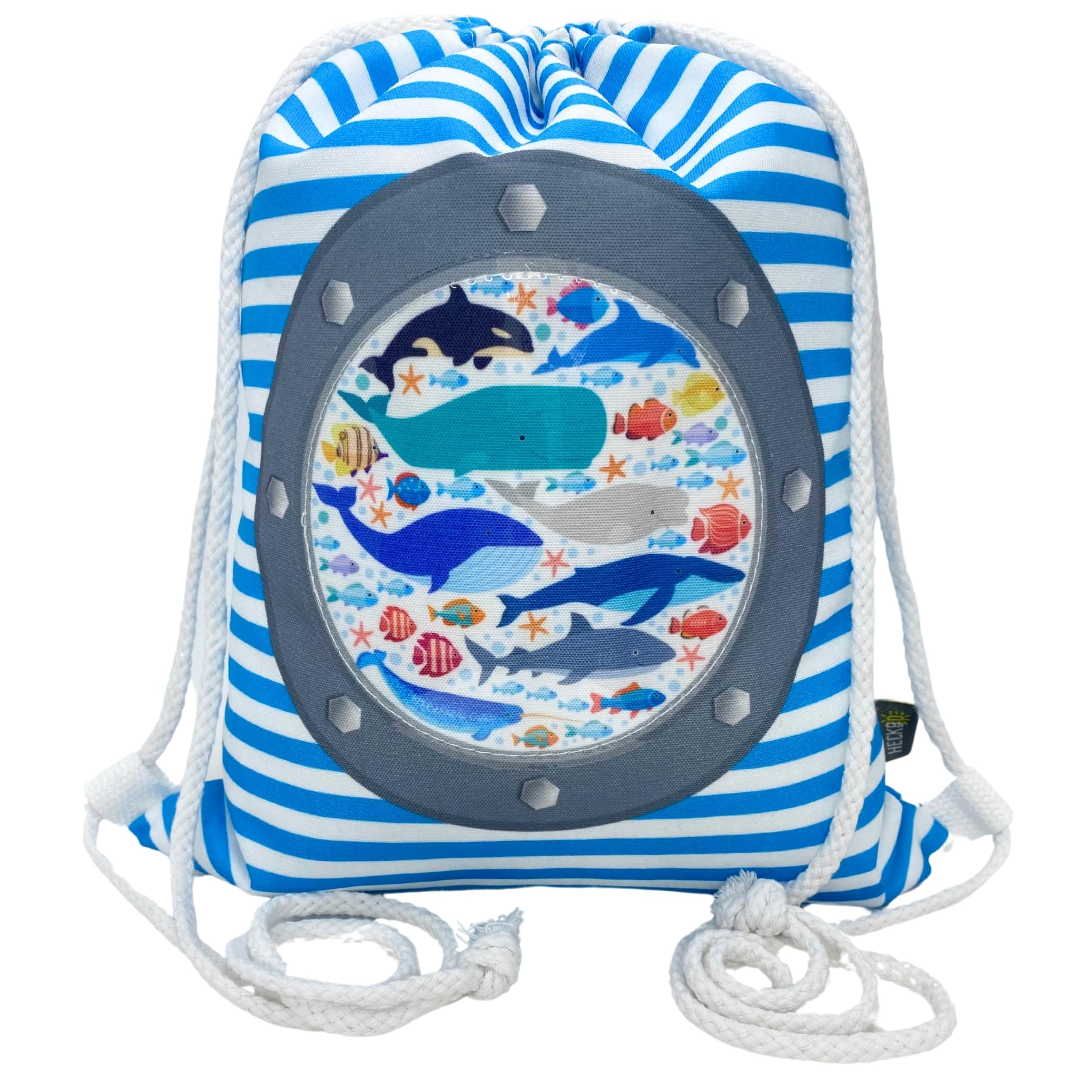 HECKBO children's gym bag girl boy - fish motif with porthole including plastic window - 33x26cm - kindergarten, daycare, crib - backpack, bag, sports bag