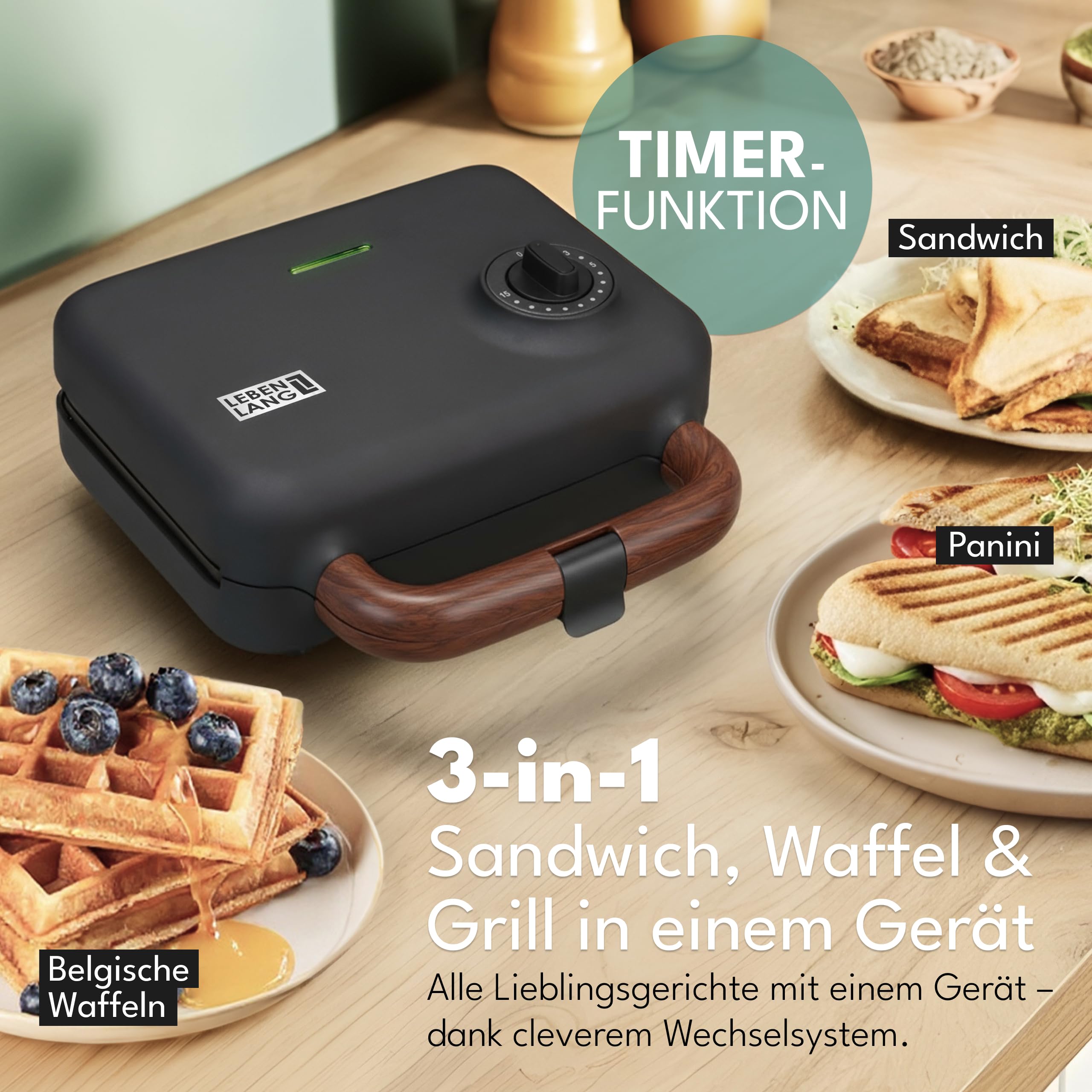 LEBENLANG Sandwichmaker 3 in 1-850W Inkl. 3 Einsätze für Grill, Sandwich & Waffeln I Waffel Sandwich Maker 3in1 Waffeleisen mit wechselplatten Sandwichmaker Waffeleisen Toaster Waffeln Kombigerät 2