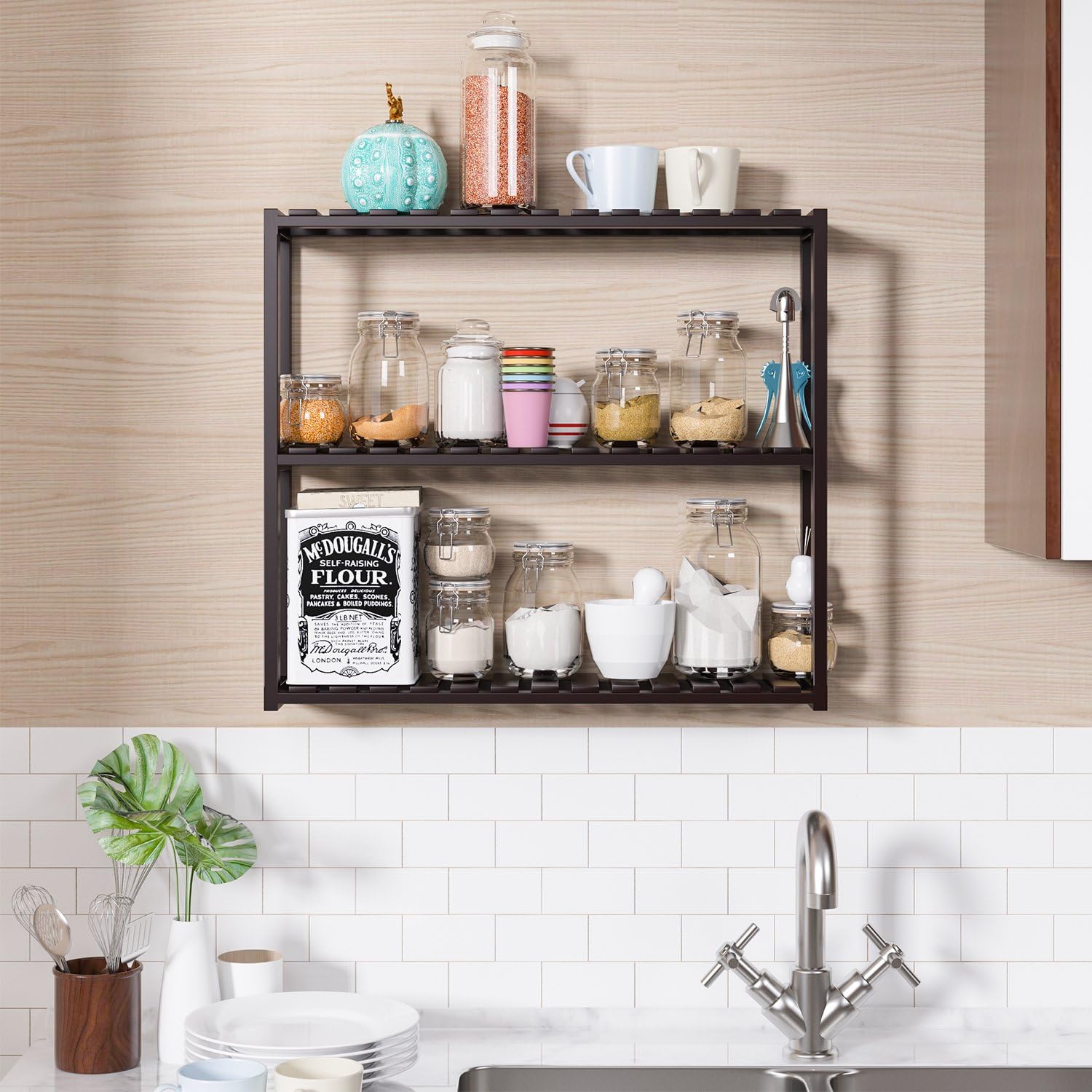 HOMFA Bamboo Bathroom Shelf 3-Tier Multifunctional Adjustable Layer Rack Wall Mounted Utility Storage Organizer Towel Shelves Kitchen Living Room Holder Dark Brown: Home Improvement