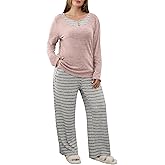 Blooming Jelly Womens Plus Size Pajamas Color Block Pajama Sets Button Down Lounge Sets 2 Piece V Neck Long Sleeve Pj