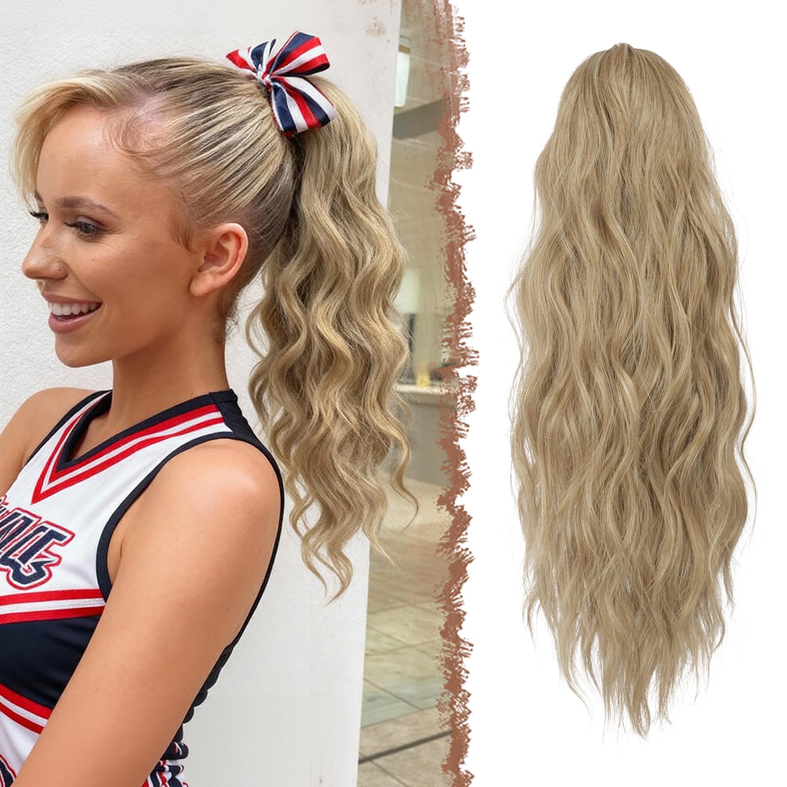 FESHFEN Ponytail Extensions, Drawstring Ponytails Hair Extension Blonde & Ash Blonde Mixed Long Curly Wavy Hair Piece Synthetic Pony Tail Hairpieces for Women, 18 inch