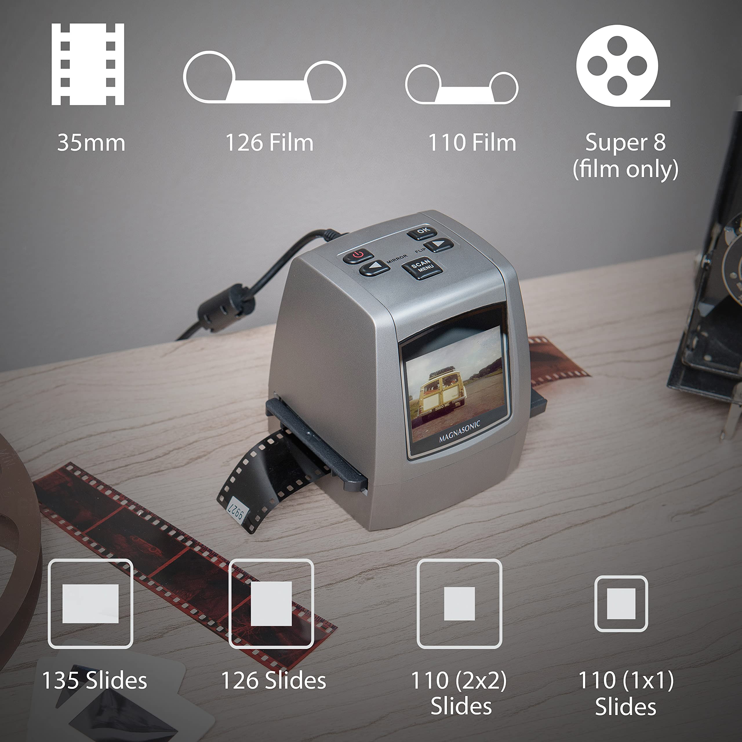 Magnasonic All-in-One High Resolution 24MP Film Scanner, Converts 35mm/126KPK/110/Super 8 Films, Slides, Negatives into Digital Photos, Vibrant 2.4