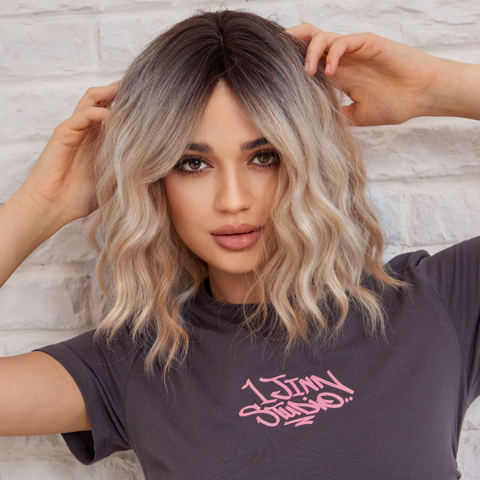 WOKESTAR Bob Curly Wig with Fringe, Short Synthetic Wavy Wigs for Women Blonde with Dark Roots Color — image 1