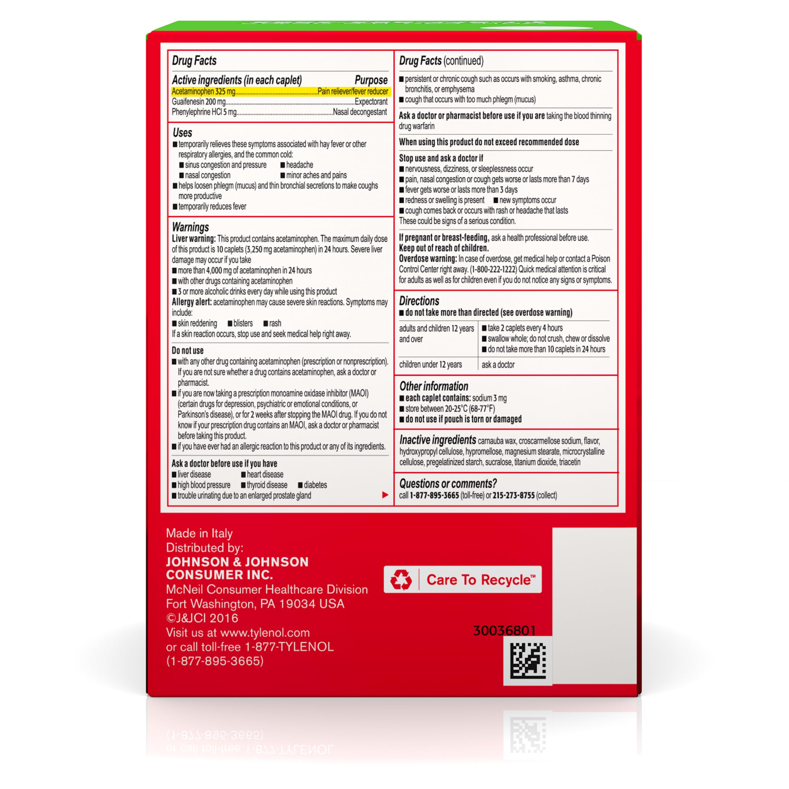 Tylenol Sinus Severe Daytime Caplets with Acetaminophen 325mg, Guaifenesin 200mg & Phenylephrine HCl 5mg, Non-Drowsy Pain Reliever, Expectorant & Nasal Decongestant, 50 Travel Packs of 2 ct