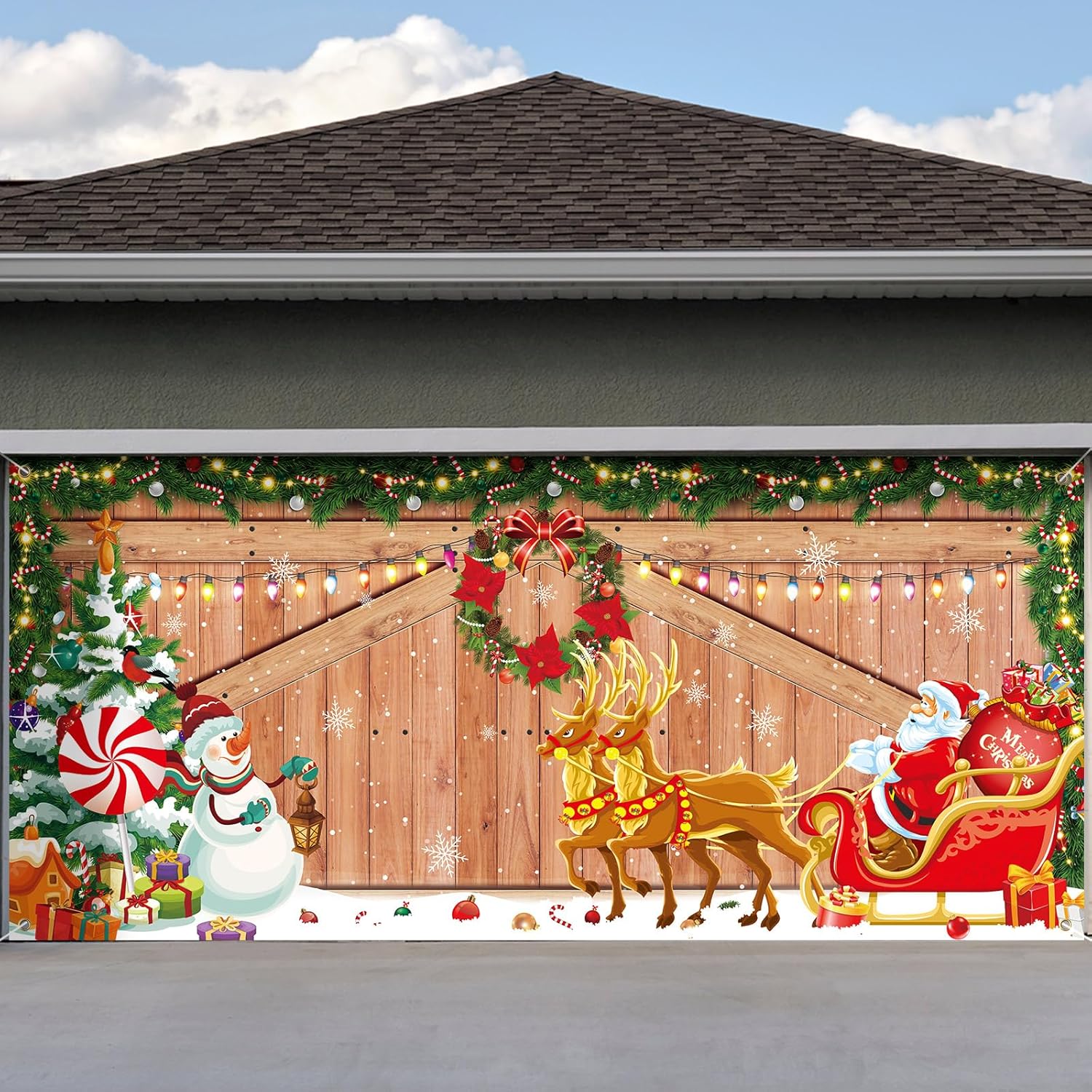 Garage Door Decorations - Preboun 6 x 13 ft Christmas Garage Door Banner Decoration Large Christmas Garage Cover Christmas Backdrop Decor Snowman Banner Photography Backdrop Photo Props for Winter New Year Xmas Party