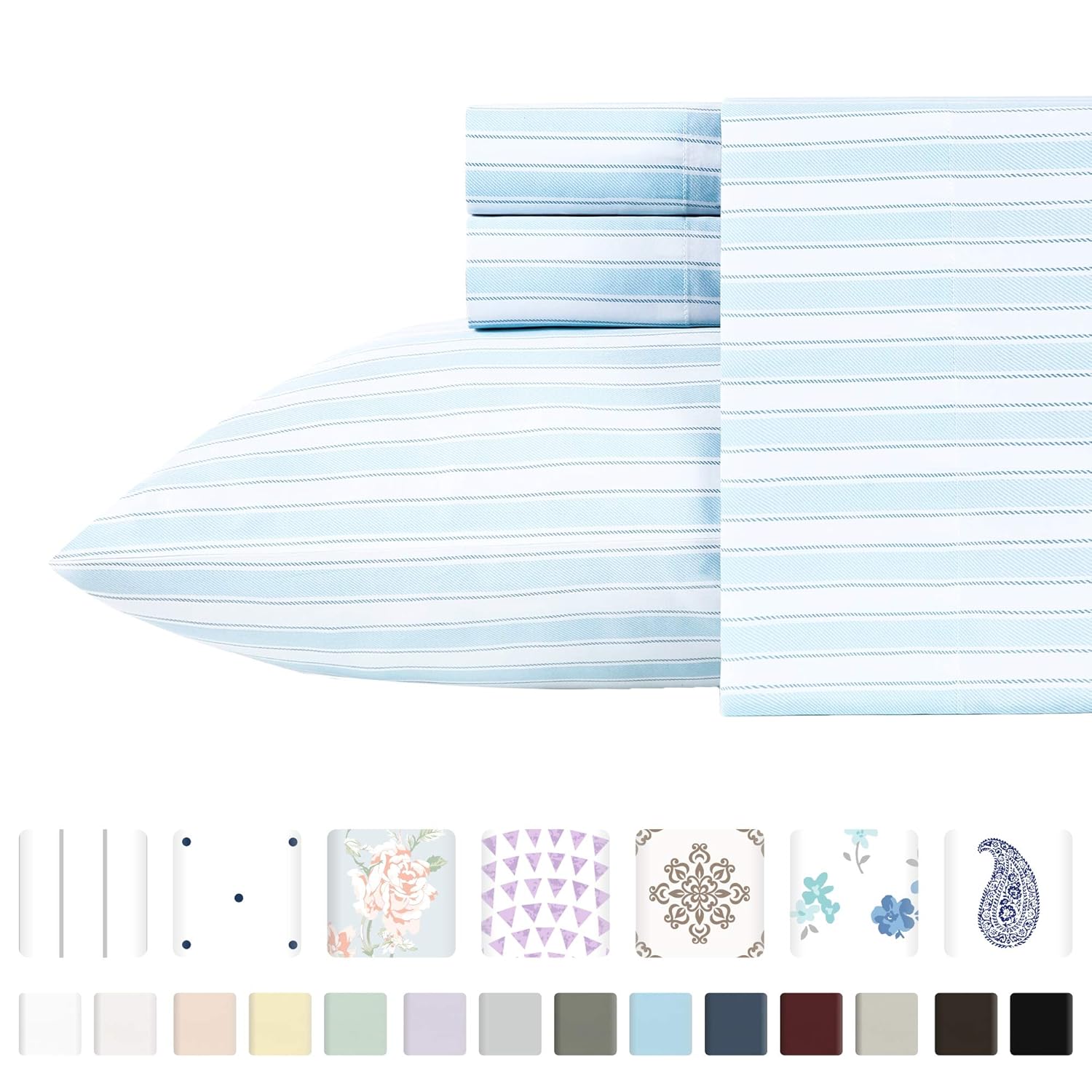 California Design Den 400-Thread-Count 100% Pure Cotton Sheets - 3 Piece Cape Stripe - Sky Blue Twin Size Printed Bed Sheet Set, Long Staple Cotton Sateen Weave, Deep Pocket Fits Mattress Upto 17''