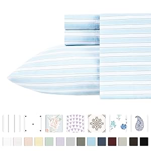 California Design Den 400-Thread-Count 100% Pure Cotton Sheets - 3 Piece Cape Stripe - Sky Blue Twin Size Printed Bed Sheet Set, Long Staple Cotton Sateen Weave, Deep Pocket Fits Mattress Upto 17''