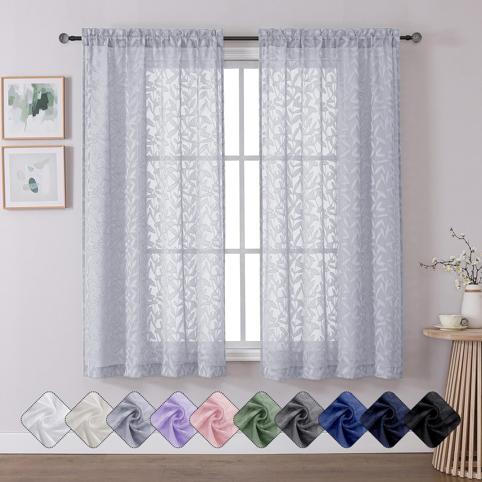 Photo 1 of Chyhomenyc Light Grey Sheer Curtains 63 Inch Length 2 Panels Set, Soft Light Filtering Leaf Clip Jacquard Rod Pocket Living Room Bedroom Farmhouse Curtains, 42Wx63L Inches, 2 Panels