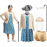Jamntower 9 Pcs Women's Old Lady Costume Set Adult Wig Nightgown Dress Sweater Jewelry Cane Fake Butt for 100 Days of School