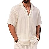 Herberton Men Summer Beach Shirts Stylish Hollow Out Button Down Shirt Casual Cuban Top (S-XXL)