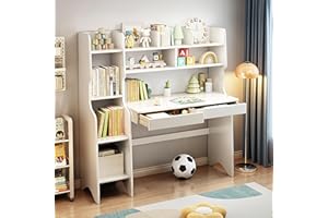 BALANBO Kids Desk Kids Table with Drawers and Bookshelf Rubber Wood Kids Media Desk Student Learning Computer Workstation and Writing Desk(White)
