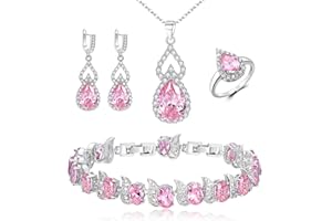 BriLove Wedding Jewelry Set for Women Bride Bridesmaid, Gorgeous Cubic Zirconia Teardrop Necklace Earrings Bracelet Adjustable Ring Jewelry Gift for Birthday/Anniversary/Mother’s Day