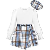 AGAPENG Girl Skirt Sets Smocked Cuffed Fall Outfits Puff Sleeve Tops Plaid Skirt Shorts Adjustable Belt Winter Clothes