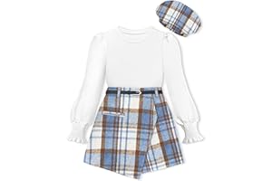 AGAPENG Girl Skirt Sets Smocked Cuffed Fall Outfits Puff Sleeve Tops Plaid Skirt Shorts Adjustable Belt Winter Clothes