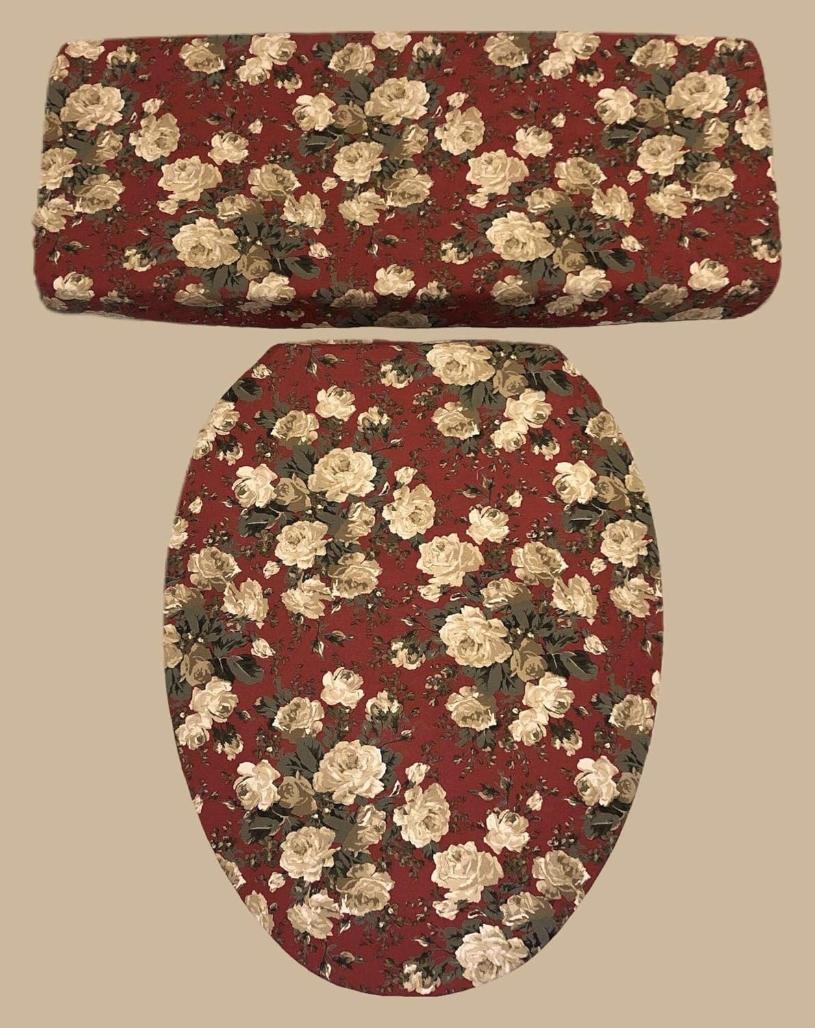 HANDCRAFTED Brick Burgundy Red Tan Rose Toilet Seat & Tank