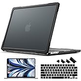 Batianda 4-in-1 Ultimate Case for New MacBook Air 13.6 inch 2025 M4 2024 2022 Model A3240/A3113/A2681 - Matte Translucent Rugged Armor Shell with Carbon Fiber Texture Grip Shockproof Bumper - Black