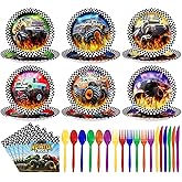 Mifoci 120 Pcs Truck Party Plates Napkins Forks Knives Spoons for Monster Truck Party Decorations, 24 Set Disposable Racing Car Tableware Set for Monster Birthday Supplies Serve 24 Guest