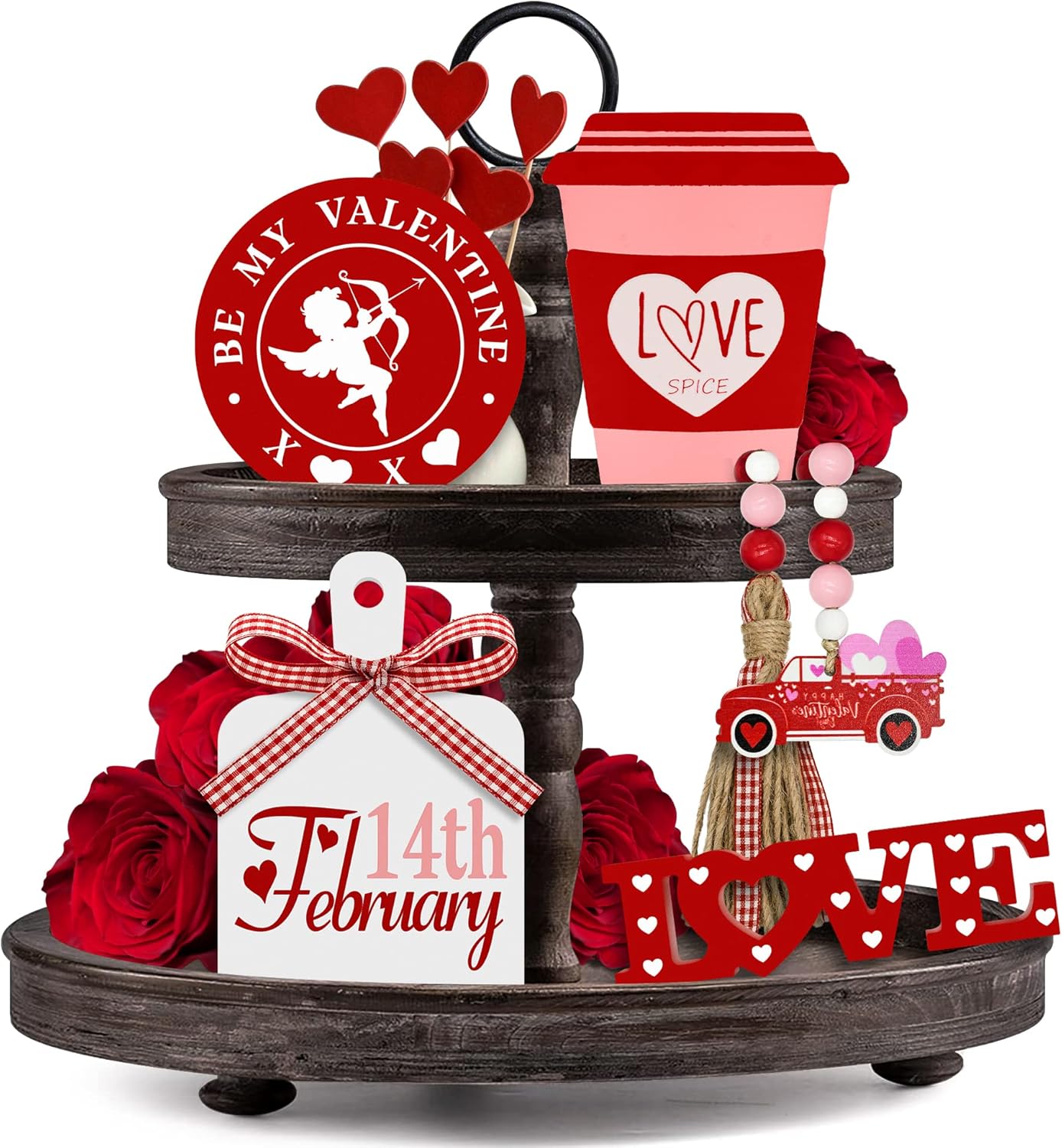 Wreaths, Garlands & Swags - Valentines Day Tiered Tray Decor, 5 Pcs Valentine Wooden Decor Bead Garland, Farmhouse Wood Signs for Valentine's Day Decorations
