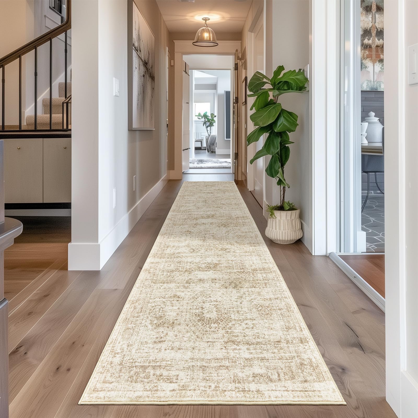 Photo 1 of Restydon Long Hallway Runner Rug- Carpet Runners for Hallway 12ft, Anti Slip Backing Washable Rug Runner for Bathroom, Entrance, Living Room, Soft Low Pile Mordern Rug Runner(2'x12', Beige/Ivory)