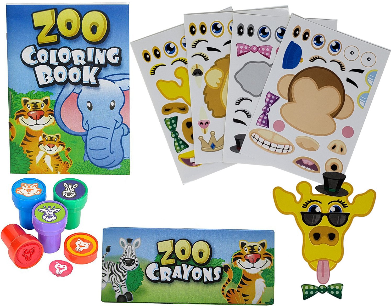 Fun Land 12 Animal Coloring Books and Crayons, 12 Jungle Zoo Stampers, 12 Zoo Animal Stickers, Party Favor Set (1 Dozen of Each )