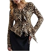 SweatyRocks Women's V Neck Leopard Print Ruffle Trim Blouse Lace Up Long Sleeve Asymmetrical Top