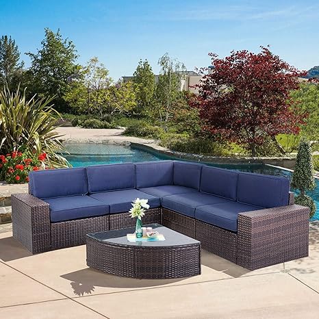 Amazon Com Suncrown Outdoor Furniture 6 Piece Patio Sofa And Wedge Table Set All Weather Brown Wicker With Washable Seat Cushions And Coffee Table Navy Blue Furniture Decor