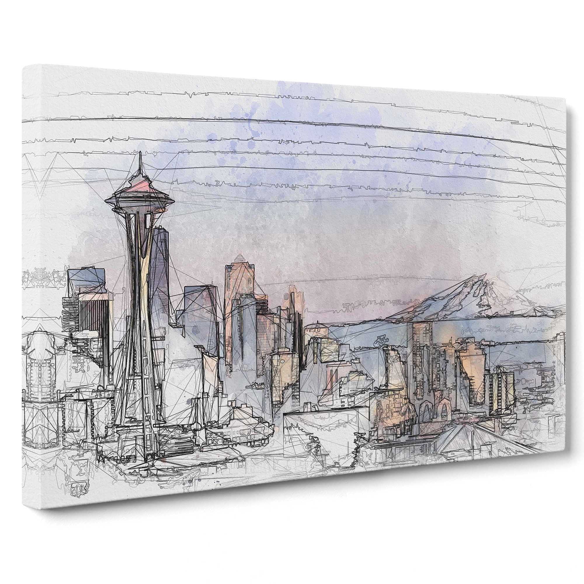 Seattle Skyline Canvas Print | Gallery Wrapped 30mm Frame Wall Art | 20x14 inches | Ready to Hang | Abstract Cityscape Picture | Living Room Bedroom Lounge Office