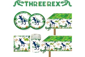 BIGKEOKI Dinosaur Birthday Party Supplies 3 Year Old Boy Three Rex Plates Napkins and Cups Banners Table Cloth Three Rex Birthday Party Decorations for Boys T-Rex 3 Rex Dinosaur Birthday Party Supplies
