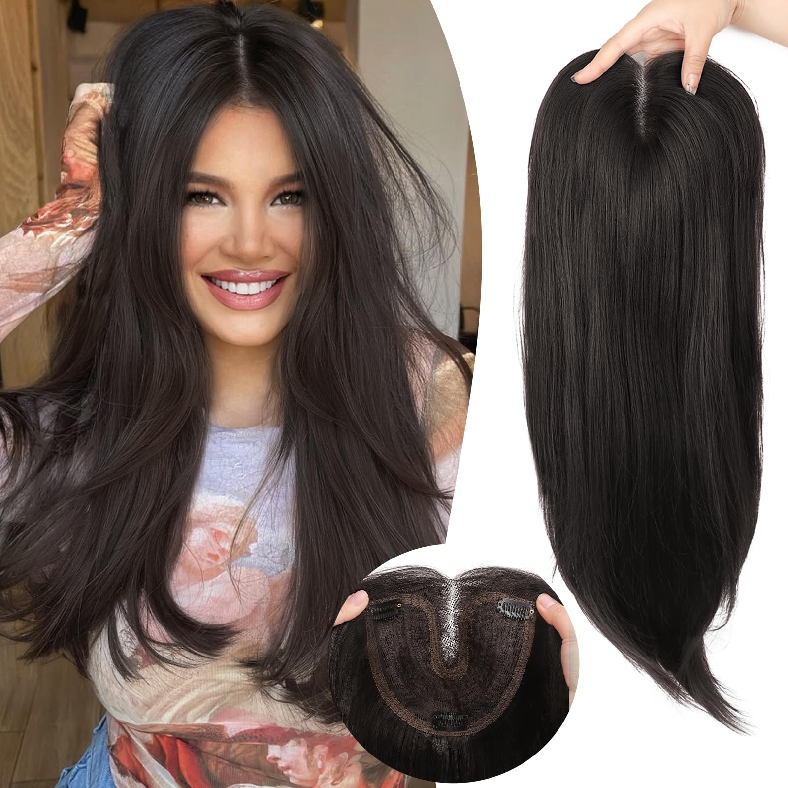 Photo 1 of Eawwii Natural Black Hair Toppers for Women with Thinning 3D 360° Cover Clip in Wispy Bangs Upgraded Adjustable Bandage 24 Inch Long Layered