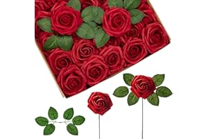InnoGear Artificial Flowers, 50 Pcs Dark Red Foam Fake Roses Bulk with Stems for Decoration Celebration DIY Wedding Bouquets Centerpieces Bridal Shower Party Christmas Tree