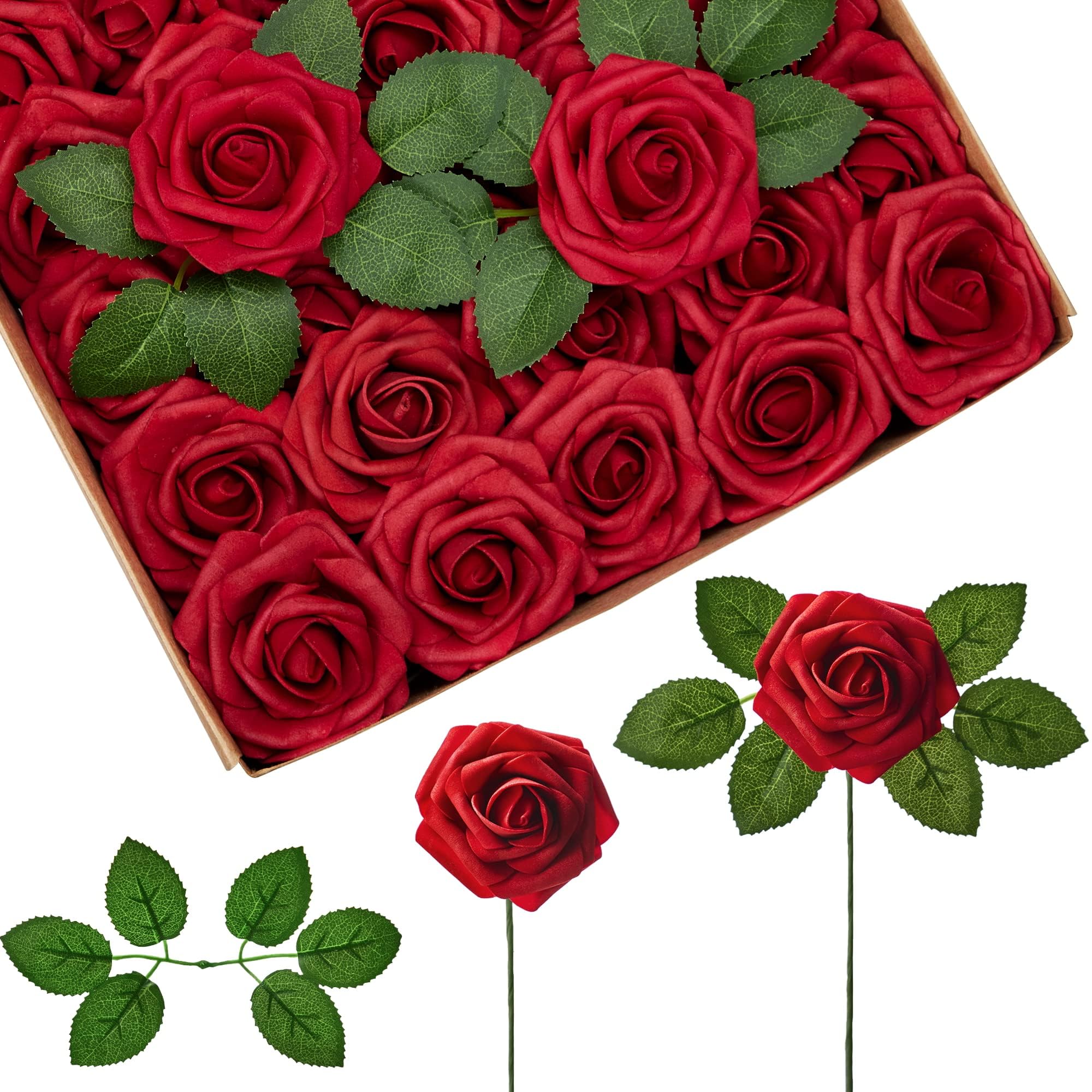 Photo 1 of InnoGear Artificial Flowers, 50 Pcs Dark Red Foam Fake Roses Bulk with Stems for Decoration Celebration DIY Wedding Bouquets Centerpieces Bridal Shower Party Christmas Tree