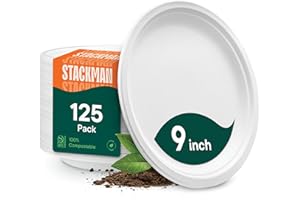 100% Compostable 9 Inch Heavy-Duty Plates [125-Pack] Eco-Friendly Disposable White Bagasse Plate, Made of Natural Sugarcane F