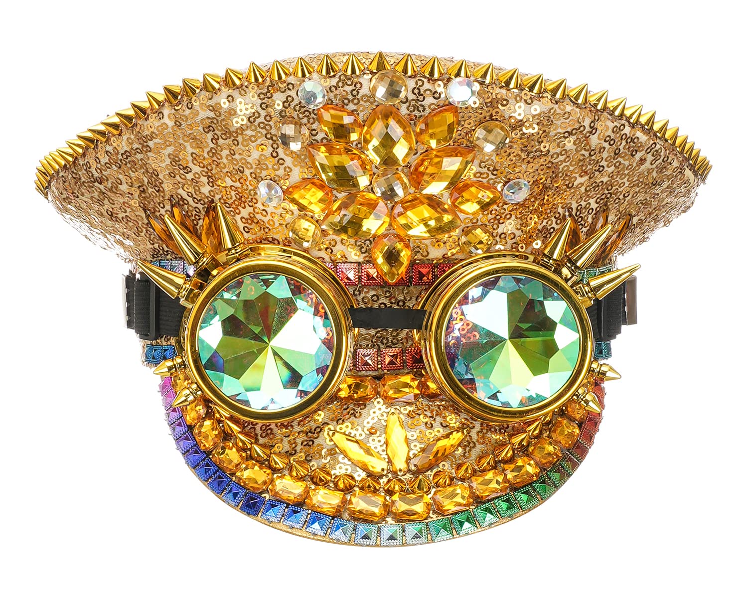 Bslingerie Halloween Steampunk Cosplay Sequin Hat Rave Party Festival Captain Headwear with Goggles (Gold - Crystals)